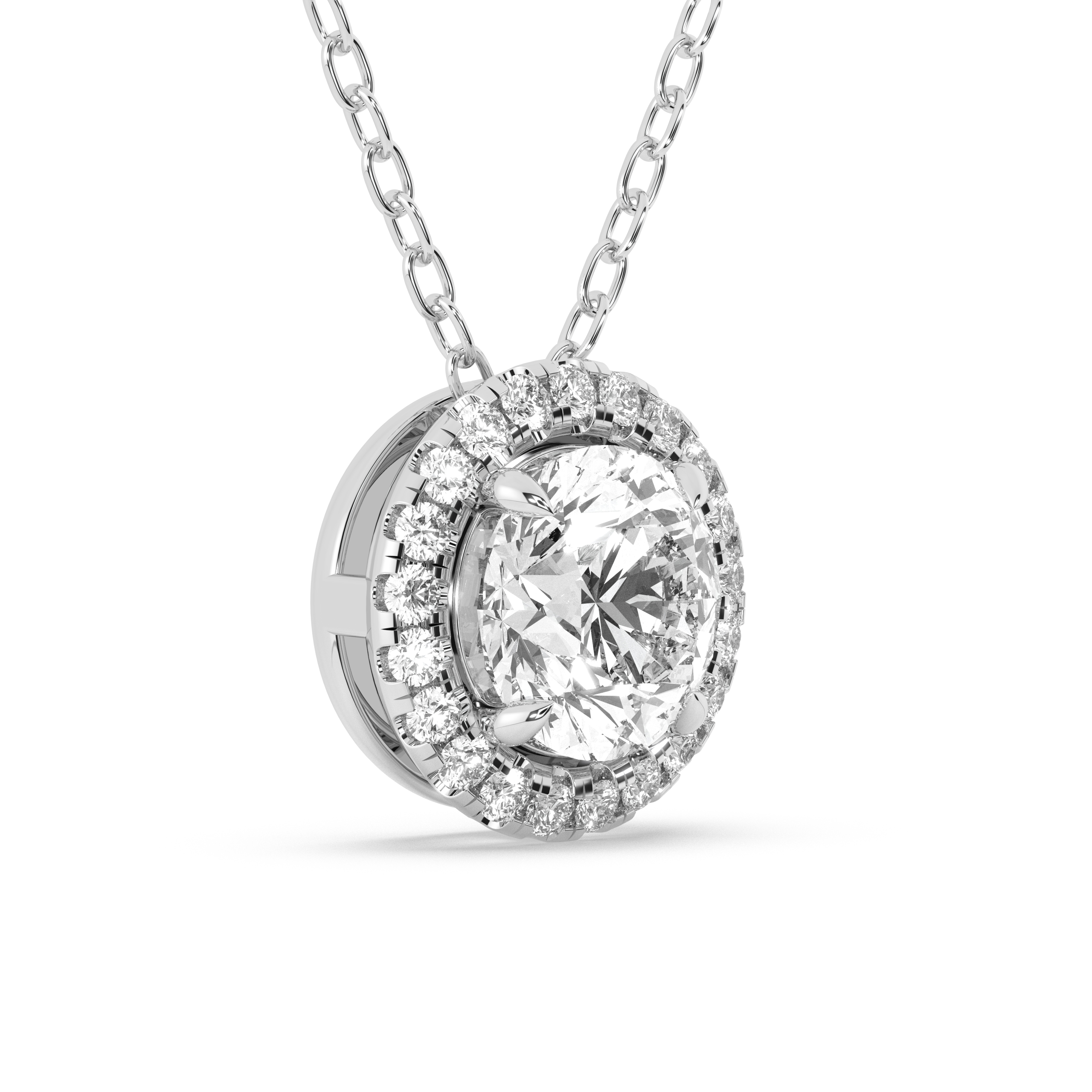 Halo Round Diamond Pendant White Gold Right View